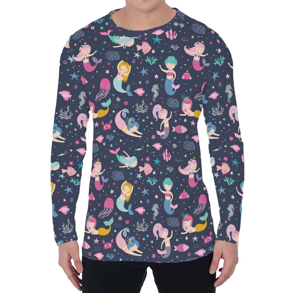 Mermaid Cartoon Pattern Print Men's Long Sleeve T-Shirt