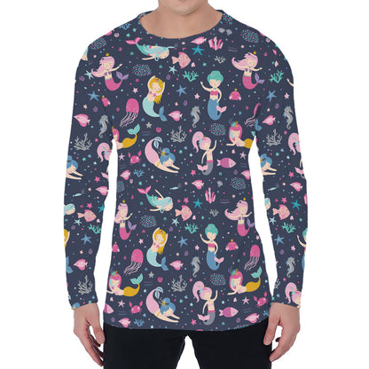Mermaid Cartoon Pattern Print Men's Long Sleeve T-Shirt