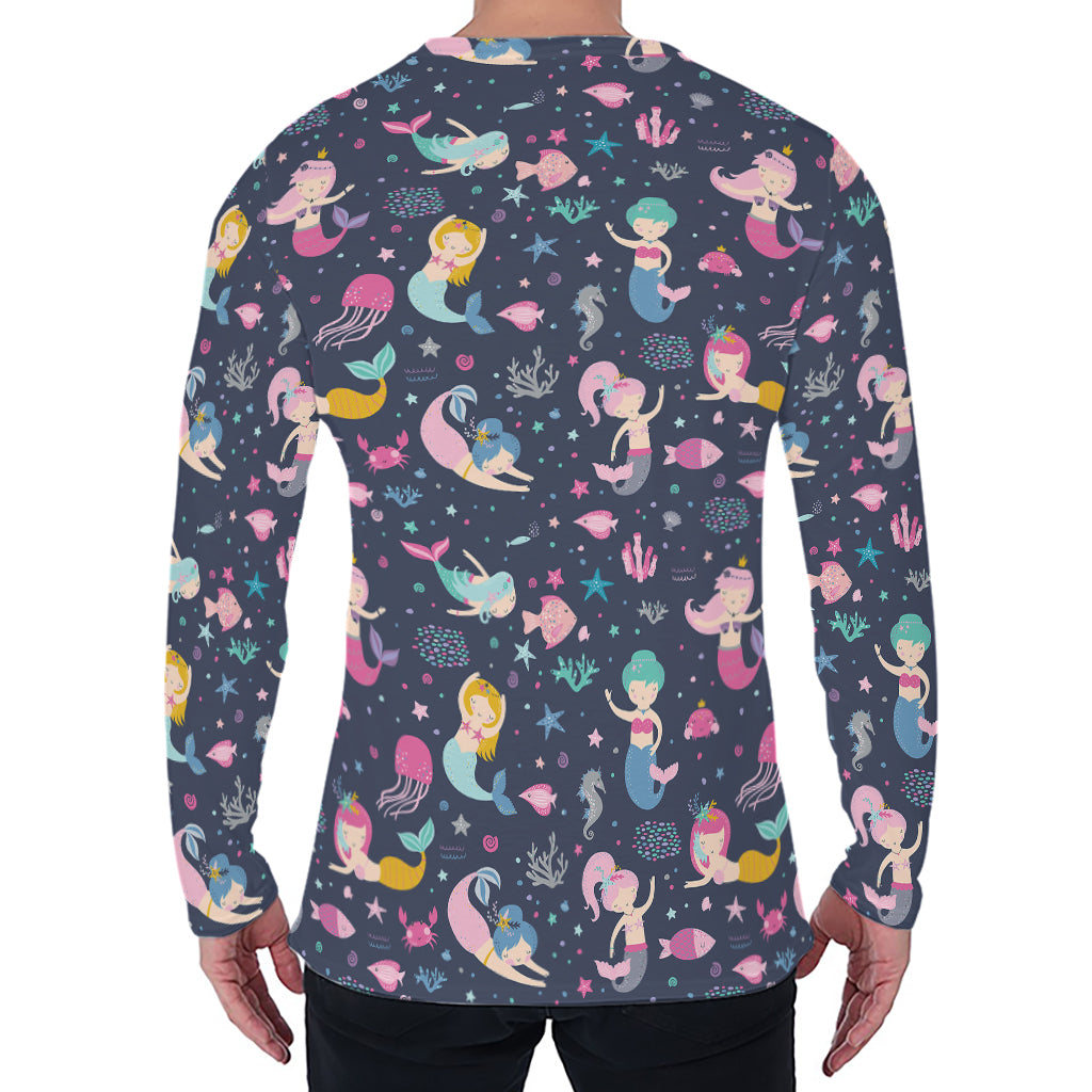 Mermaid Cartoon Pattern Print Men's Long Sleeve T-Shirt