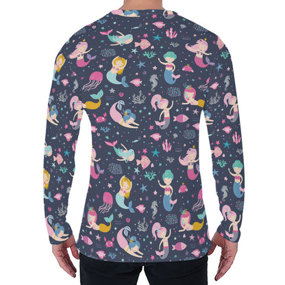 Mermaid Cartoon Pattern Print Men's Long Sleeve T-Shirt