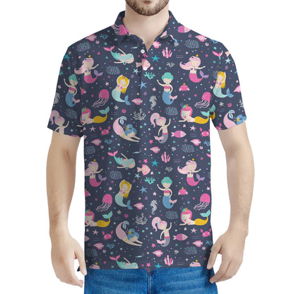 Mermaid Cartoon Pattern Print Men's Polo Shirt