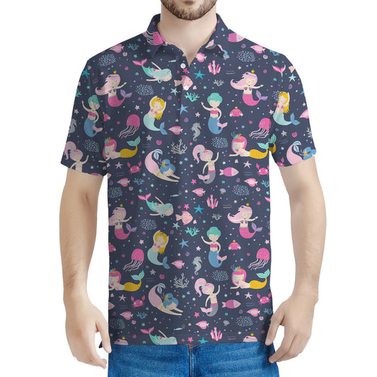 Mermaid Cartoon Pattern Print Men's Polo Shirt