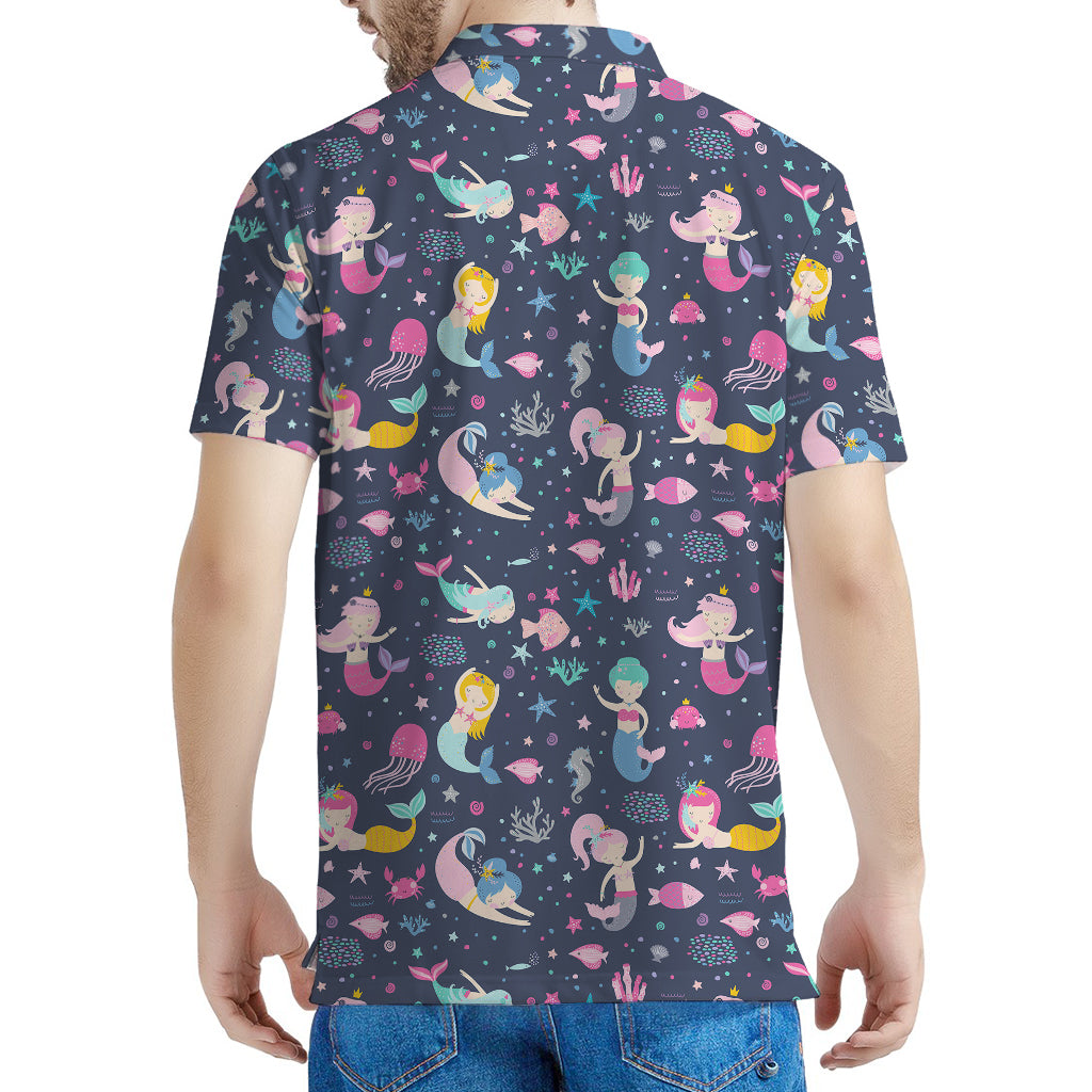 Mermaid Cartoon Pattern Print Men's Polo Shirt