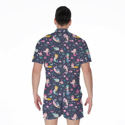 Mermaid Cartoon Pattern Print Men's Rompers