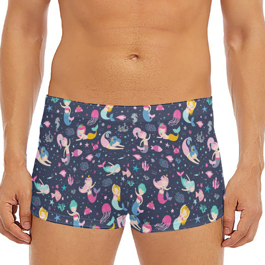 Mermaid Cartoon Pattern Print Men's Short Boxer Briefs