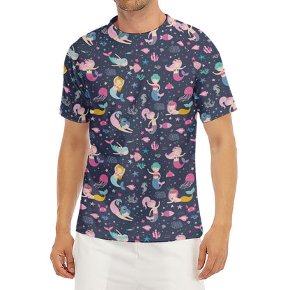 Mermaid Cartoon Pattern Print Men's Short Sleeve Rash Guard