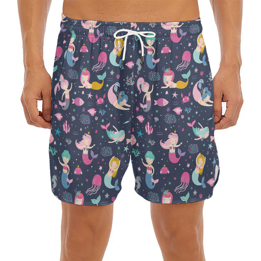 Mermaid Cartoon Pattern Print Men's Split Running Shorts