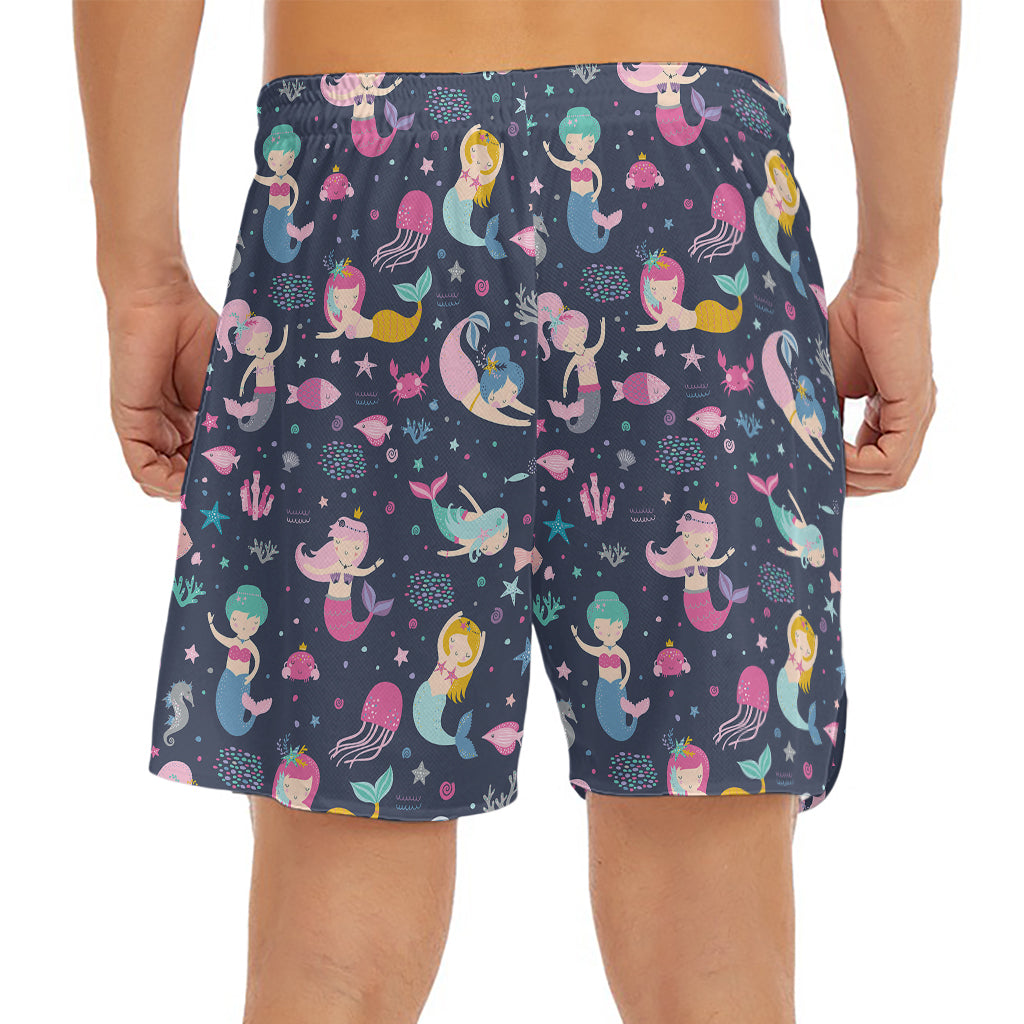 Mermaid Cartoon Pattern Print Men's Split Running Shorts