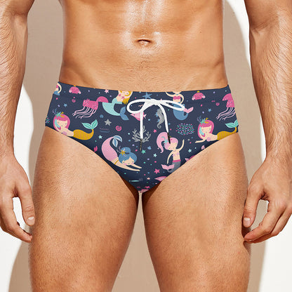 Mermaid Cartoon Pattern Print Men's Swim Briefs