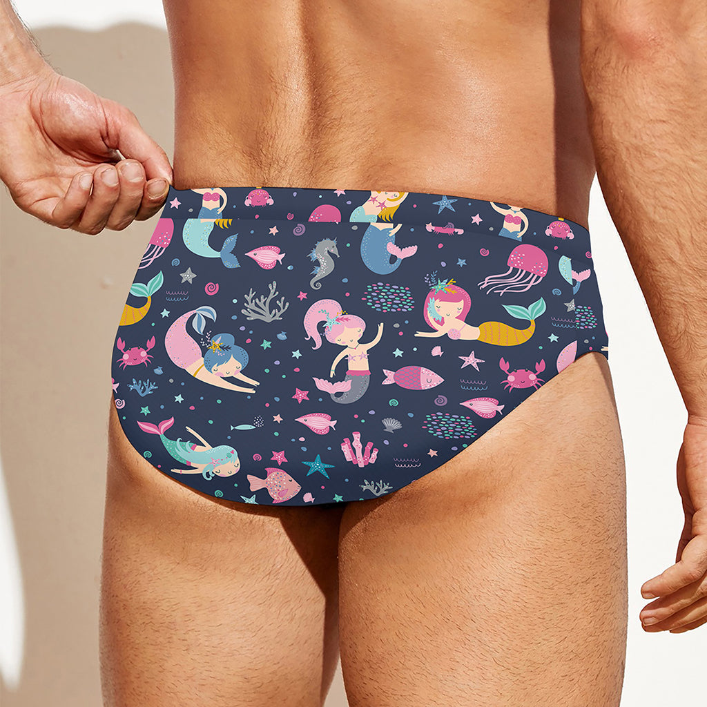 Mermaid Cartoon Pattern Print Men's Swim Briefs