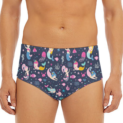 Mermaid Cartoon Pattern Print Men's Triangle Swim Briefs