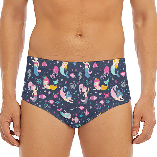 Mermaid Cartoon Pattern Print Men's Triangle Swim Briefs