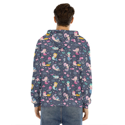Mermaid Cartoon Pattern Print Men's Velvet Pullover Hoodie