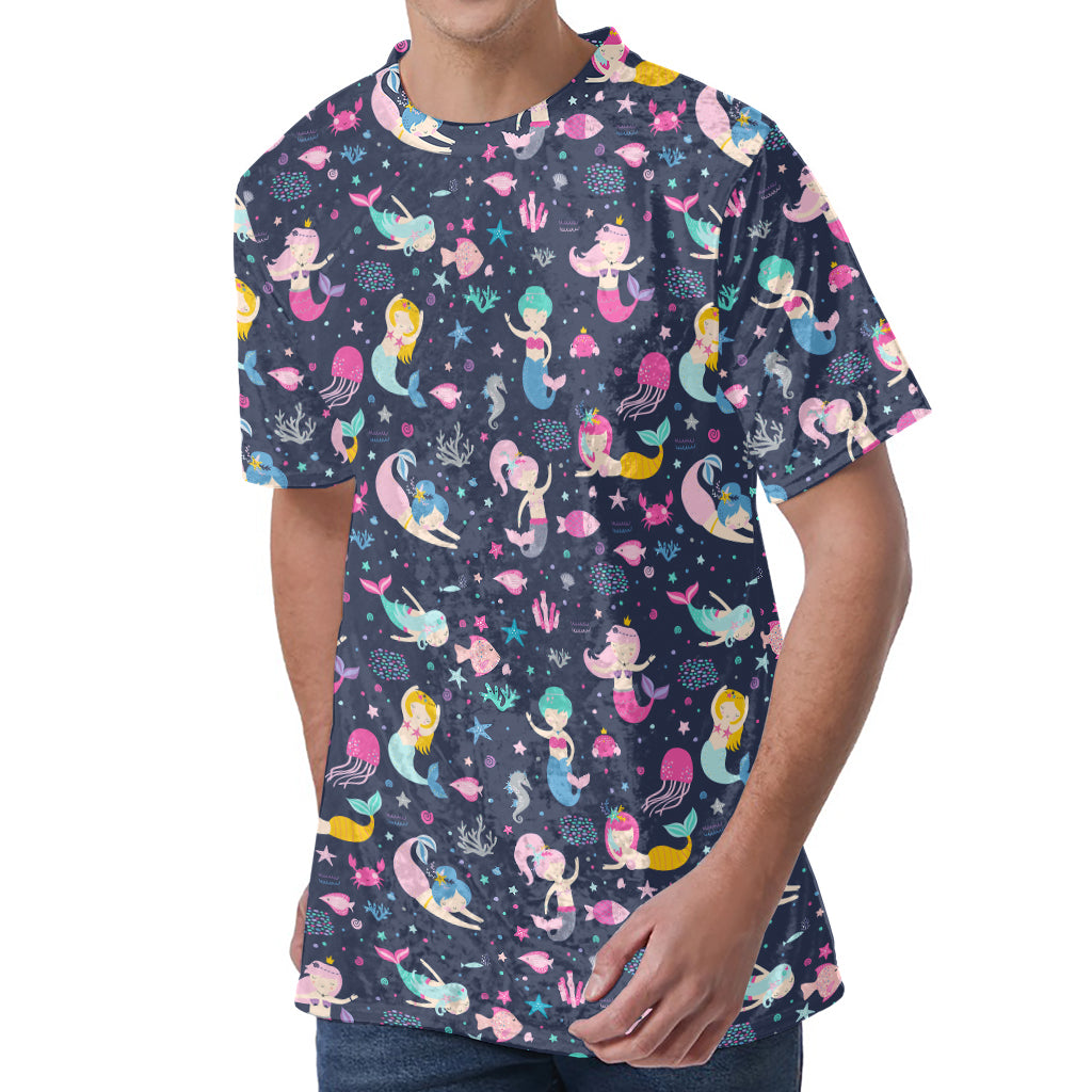 Mermaid Cartoon Pattern Print Men's Velvet T-Shirt
