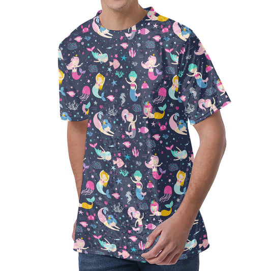 Mermaid Cartoon Pattern Print Men's Velvet T-Shirt