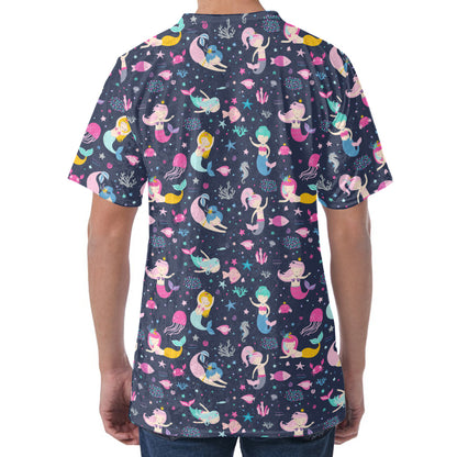Mermaid Cartoon Pattern Print Men's Velvet T-Shirt