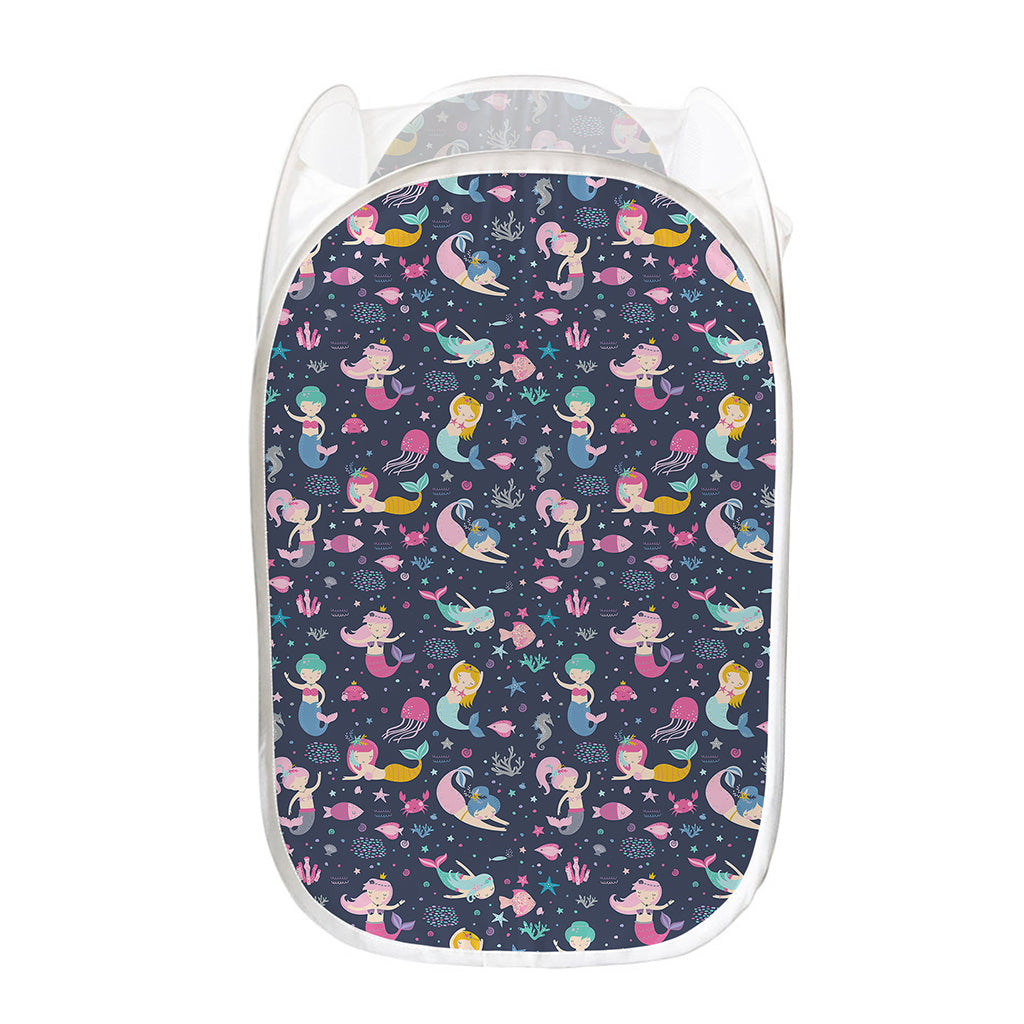 Mermaid Cartoon Pattern Print Mesh Laundry Hamper