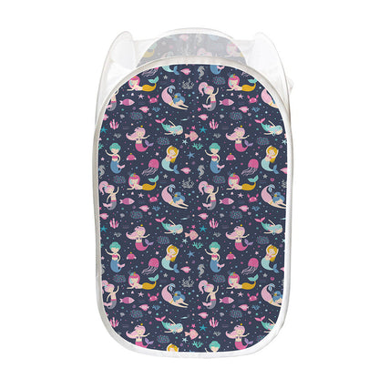 Mermaid Cartoon Pattern Print Mesh Laundry Hamper