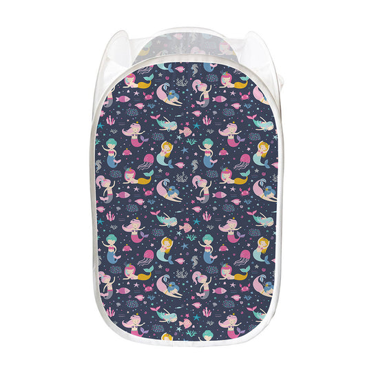 Mermaid Cartoon Pattern Print Mesh Laundry Hamper