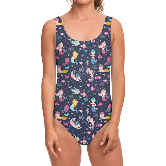 Mermaid Cartoon Pattern Print One Piece Swimsuit