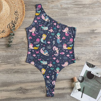 Mermaid Cartoon Pattern Print One Shoulder Bodysuit