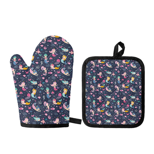 Mermaid Cartoon Pattern Print Oven Mitt And Pot Holder Set