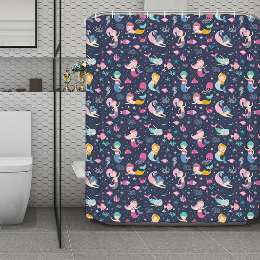 Mermaid Cartoon Pattern Print Polyester Shower Curtain
