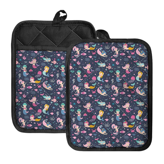 Mermaid Cartoon Pattern Print Pot Holders With Pocket