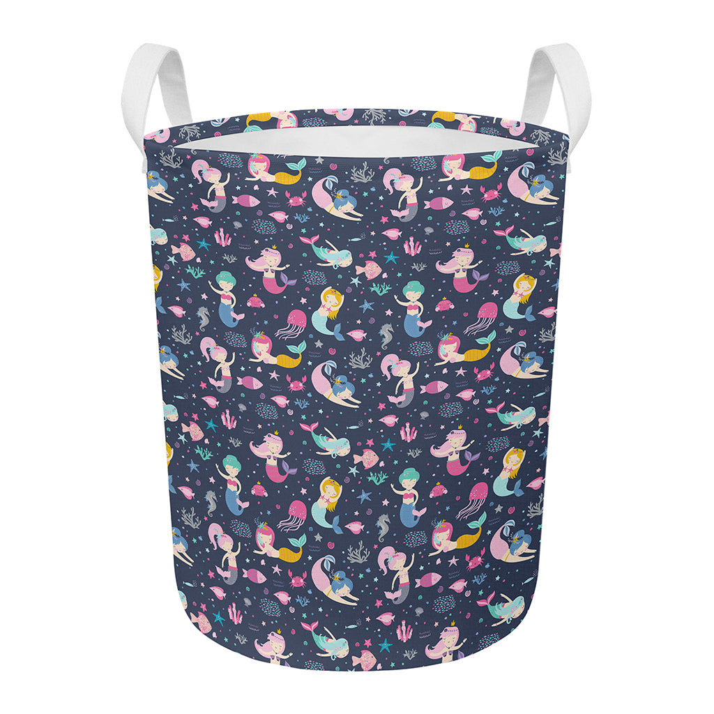 Mermaid Cartoon Pattern Print Round Laundry Basket