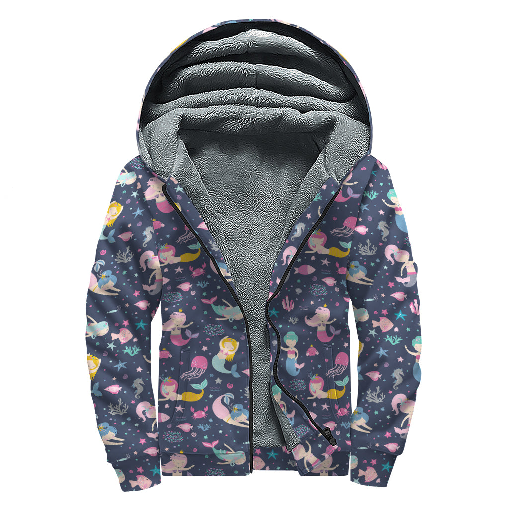 Mermaid Cartoon Pattern Print Sherpa Lined Zip Up Hoodie