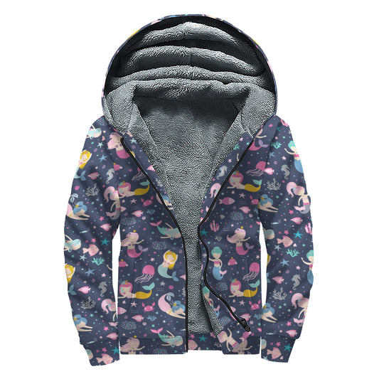 Mermaid Cartoon Pattern Print Sherpa Lined Zip Up Hoodie