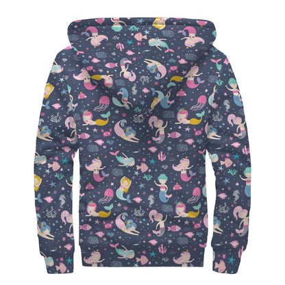 Mermaid Cartoon Pattern Print Sherpa Lined Zip Up Hoodie
