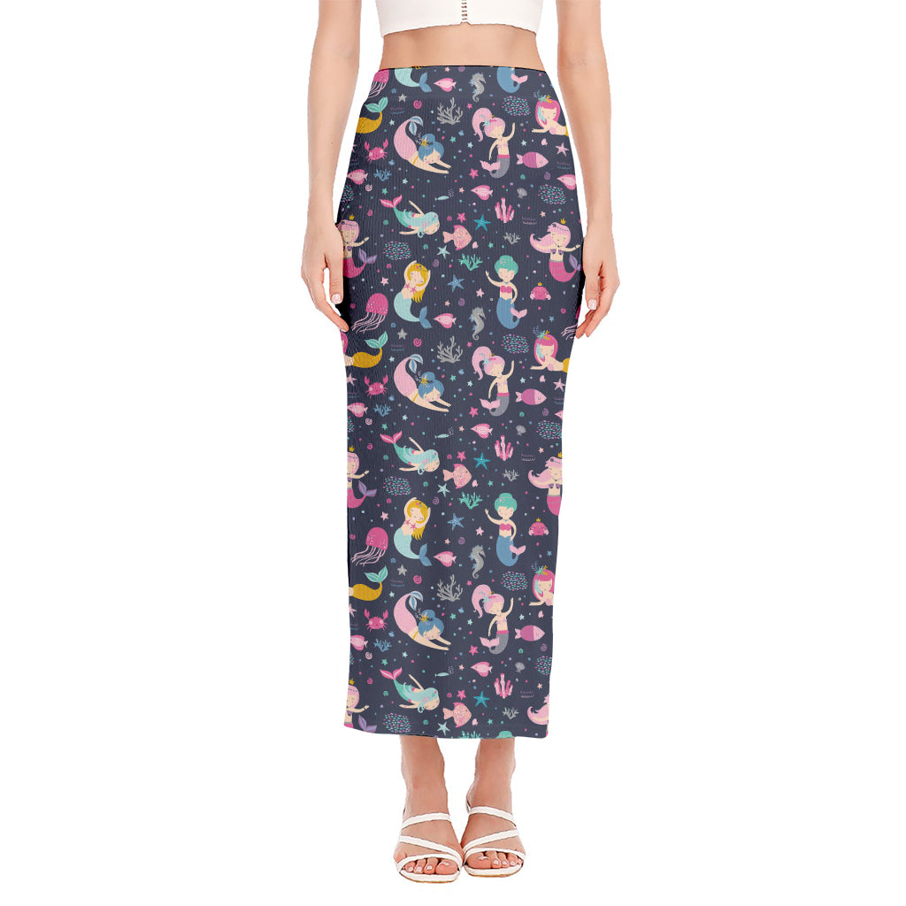 Mermaid Cartoon Pattern Print Side Slit Maxi Skirt