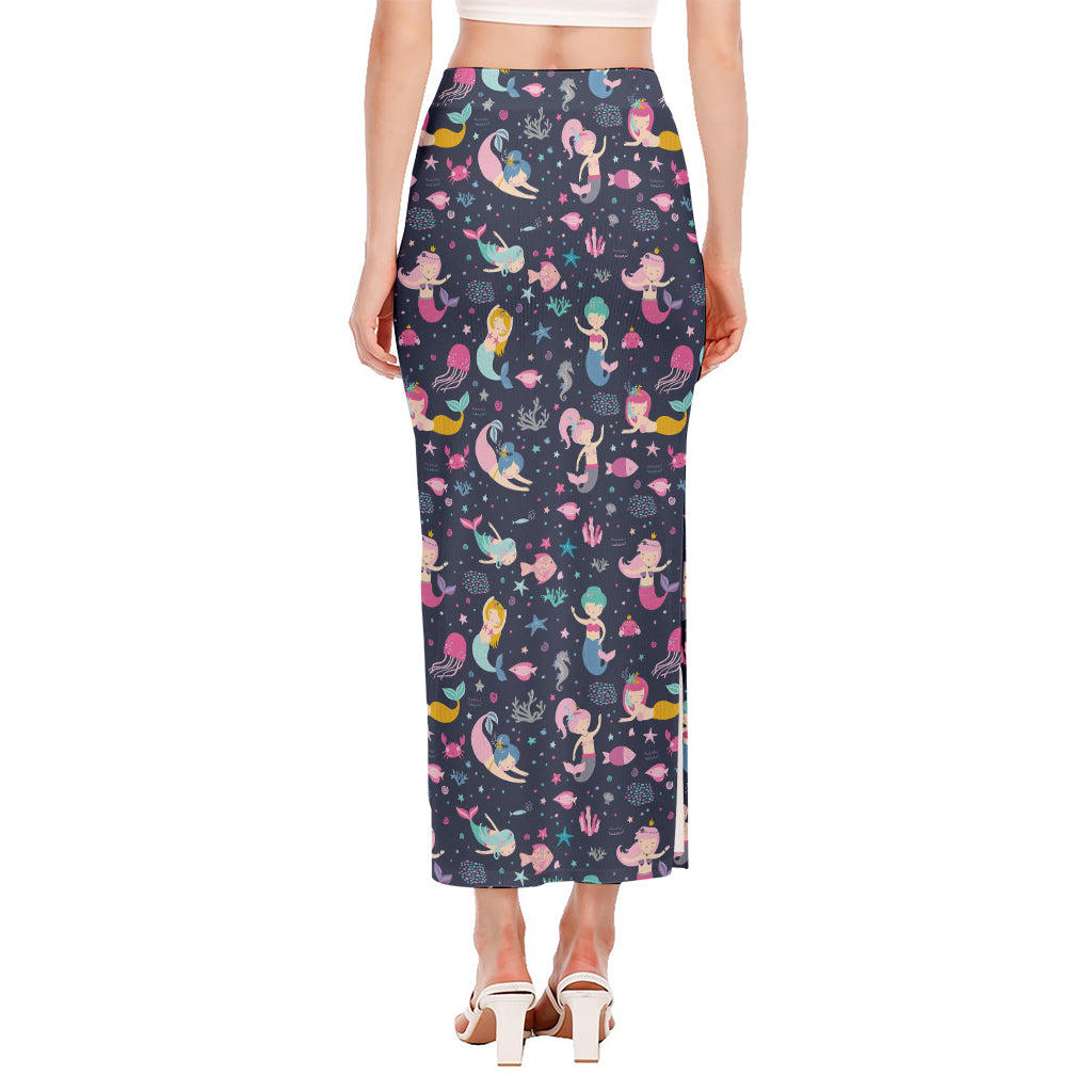 Mermaid Cartoon Pattern Print Side Slit Maxi Skirt