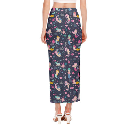 Mermaid Cartoon Pattern Print Side Slit Maxi Skirt