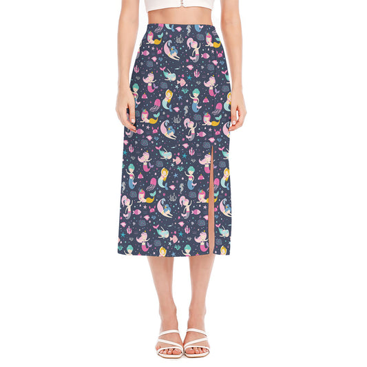 Mermaid Cartoon Pattern Print Side Slit Midi Skirt