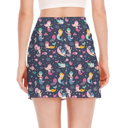 Mermaid Cartoon Pattern Print Side Slit Mini Skirt