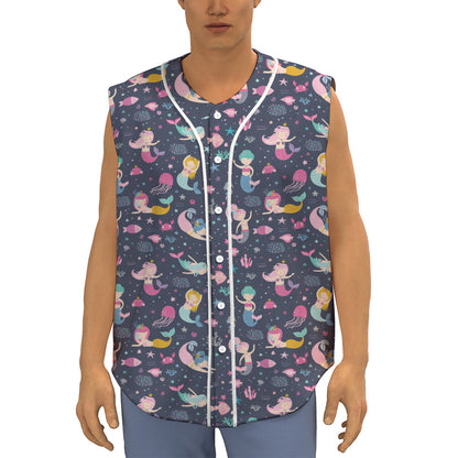 Mermaid Cartoon Pattern Print Sleeveless Baseball Jersey