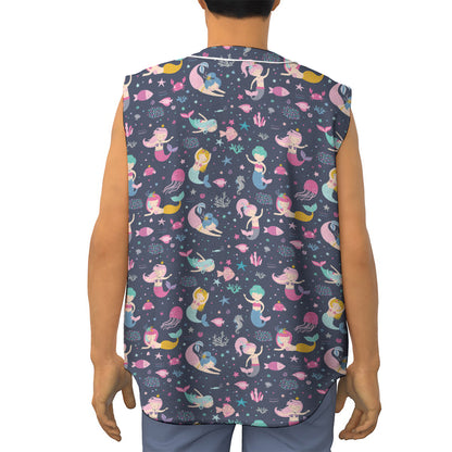 Mermaid Cartoon Pattern Print Sleeveless Baseball Jersey