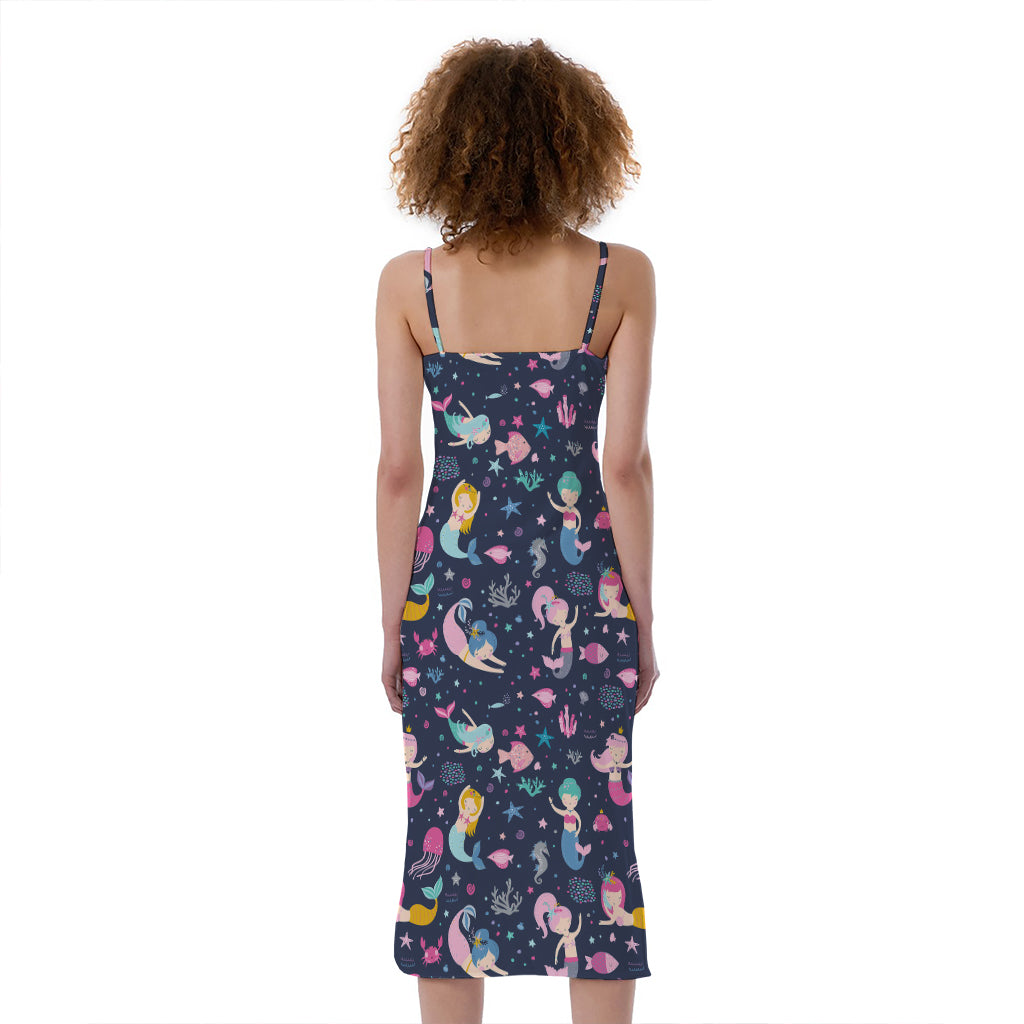 Mermaid Cartoon Pattern Print Slim Fit Midi Cami Dress