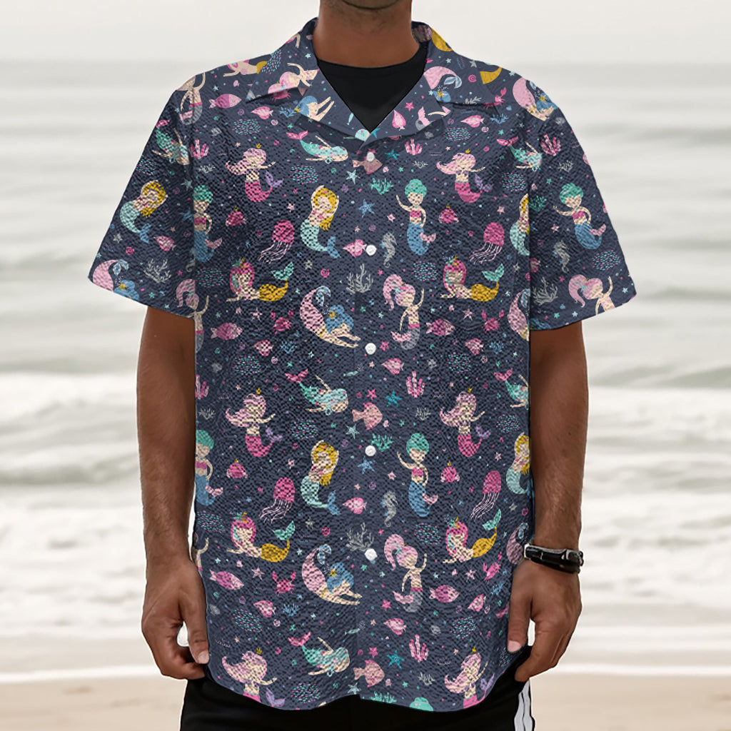 Mermaid Cartoon Pattern Print Textured Short Sleeve Shirt