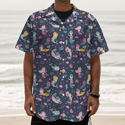 Mermaid Cartoon Pattern Print Textured Short Sleeve Shirt