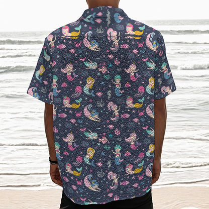 Mermaid Cartoon Pattern Print Textured Short Sleeve Shirt