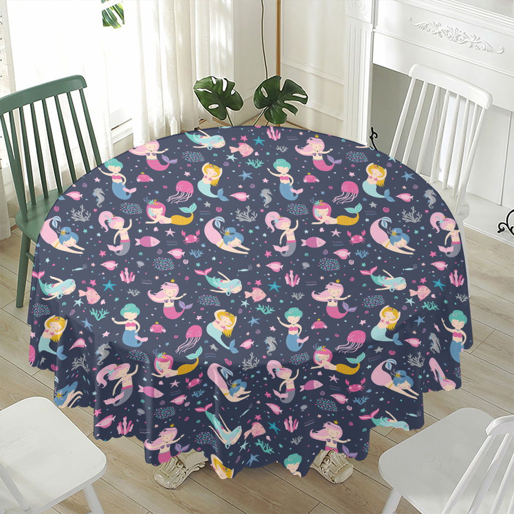 Mermaid Cartoon Pattern Print Waterproof Round Tablecloth
