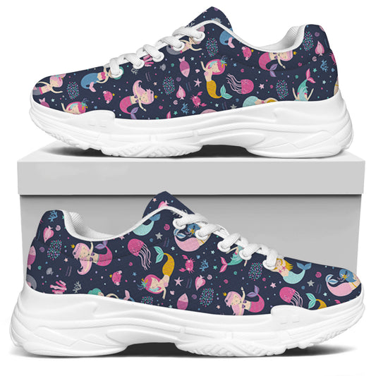 Mermaid Cartoon Pattern Print White Chunky Shoes