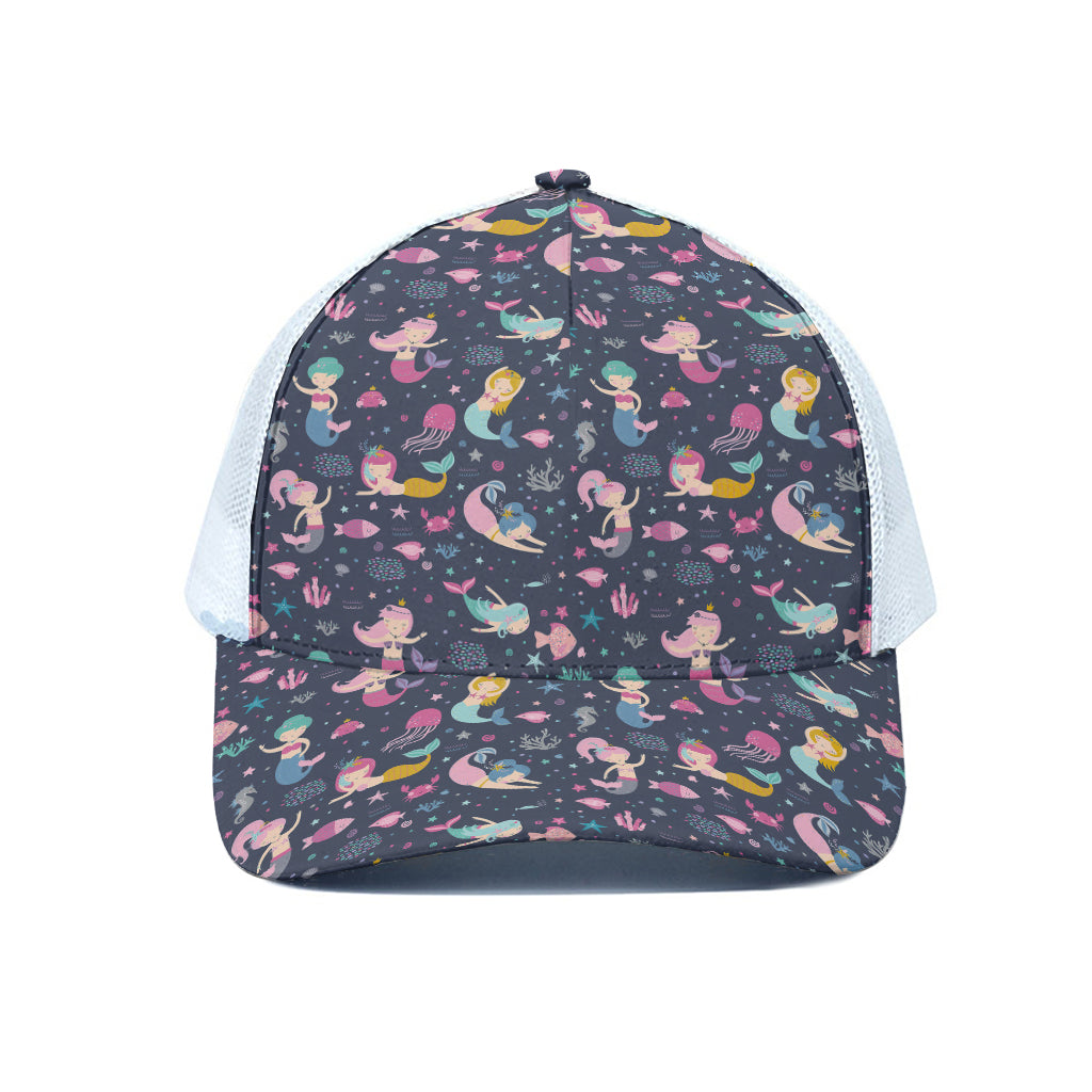 Mermaid Cartoon Pattern Print White Mesh Trucker Cap