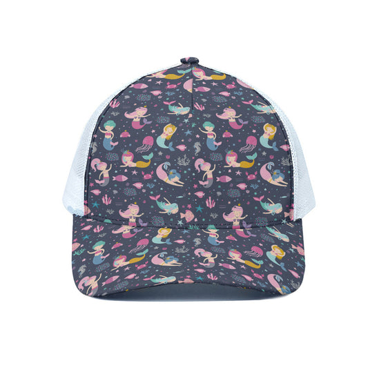Mermaid Cartoon Pattern Print White Mesh Trucker Cap