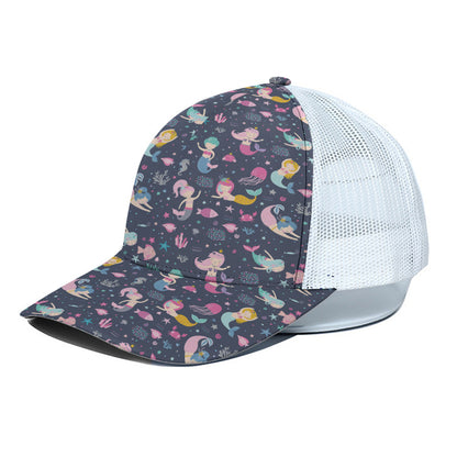 Mermaid Cartoon Pattern Print White Mesh Trucker Cap