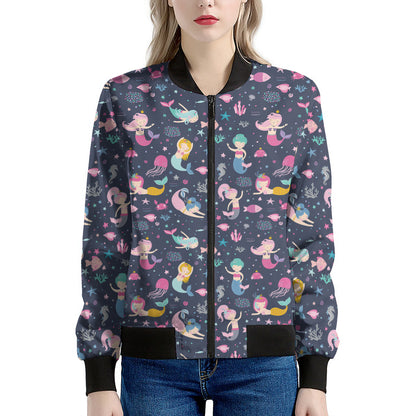Mermaid Cartoon Pattern Print Women's Bomber Jacket