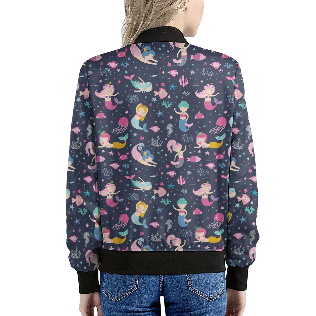 Mermaid Cartoon Pattern Print Women's Bomber Jacket